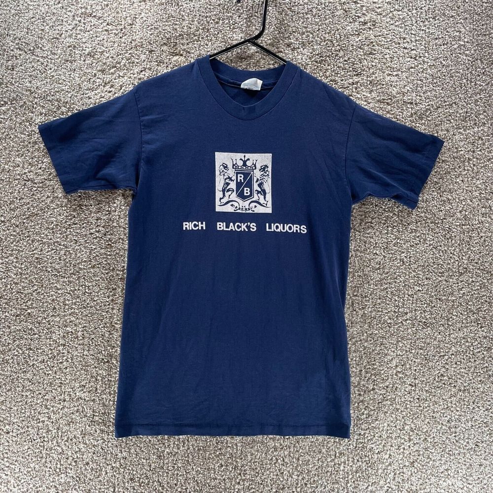 Vintage Rich Blacks‎ Liquors Shirt Mens Medium Blue Single Stitch 1980s USA Made